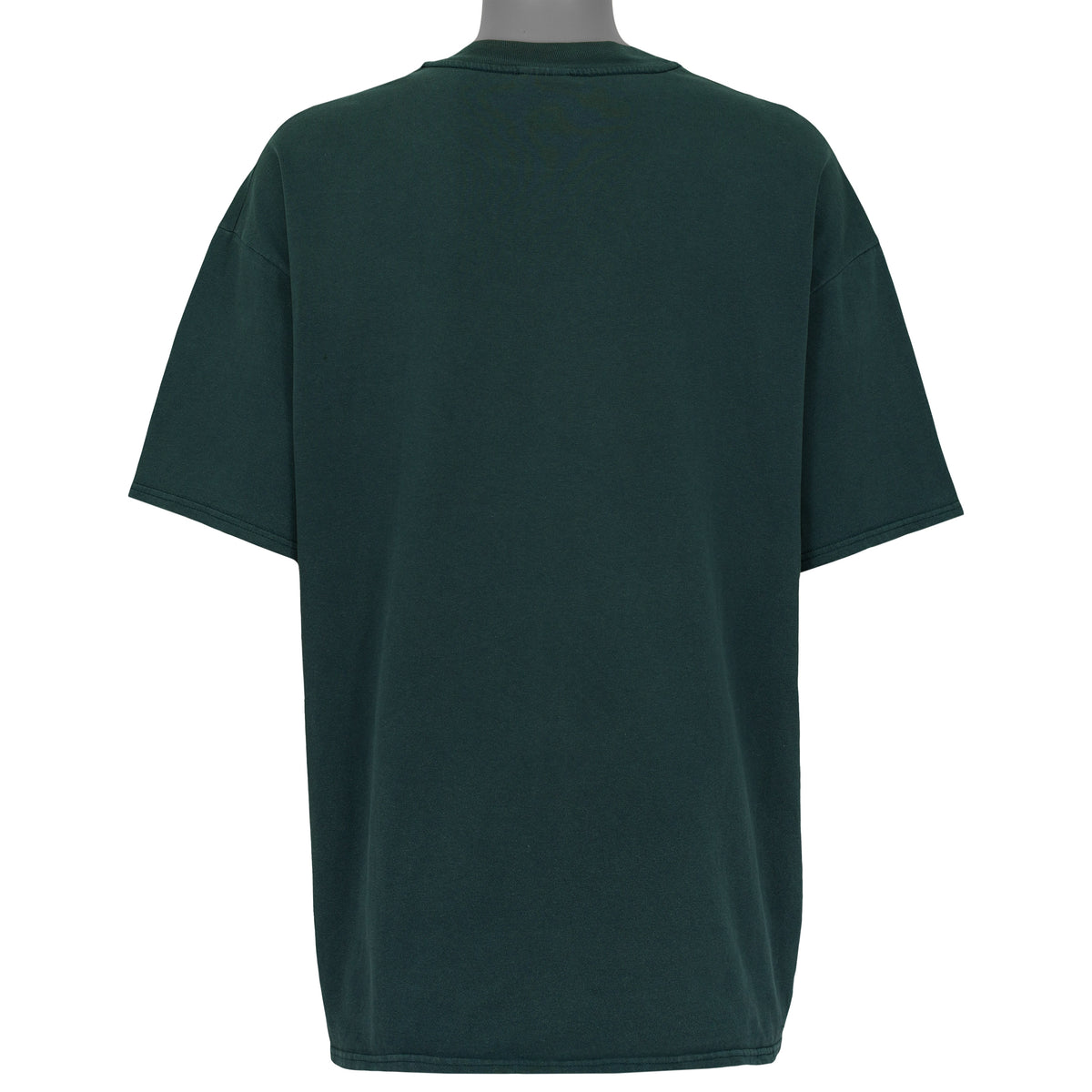 Back view of the 1990s Hanes Beefy-T t-shirt, showing the plain green back with the garment silhouette and seams visible