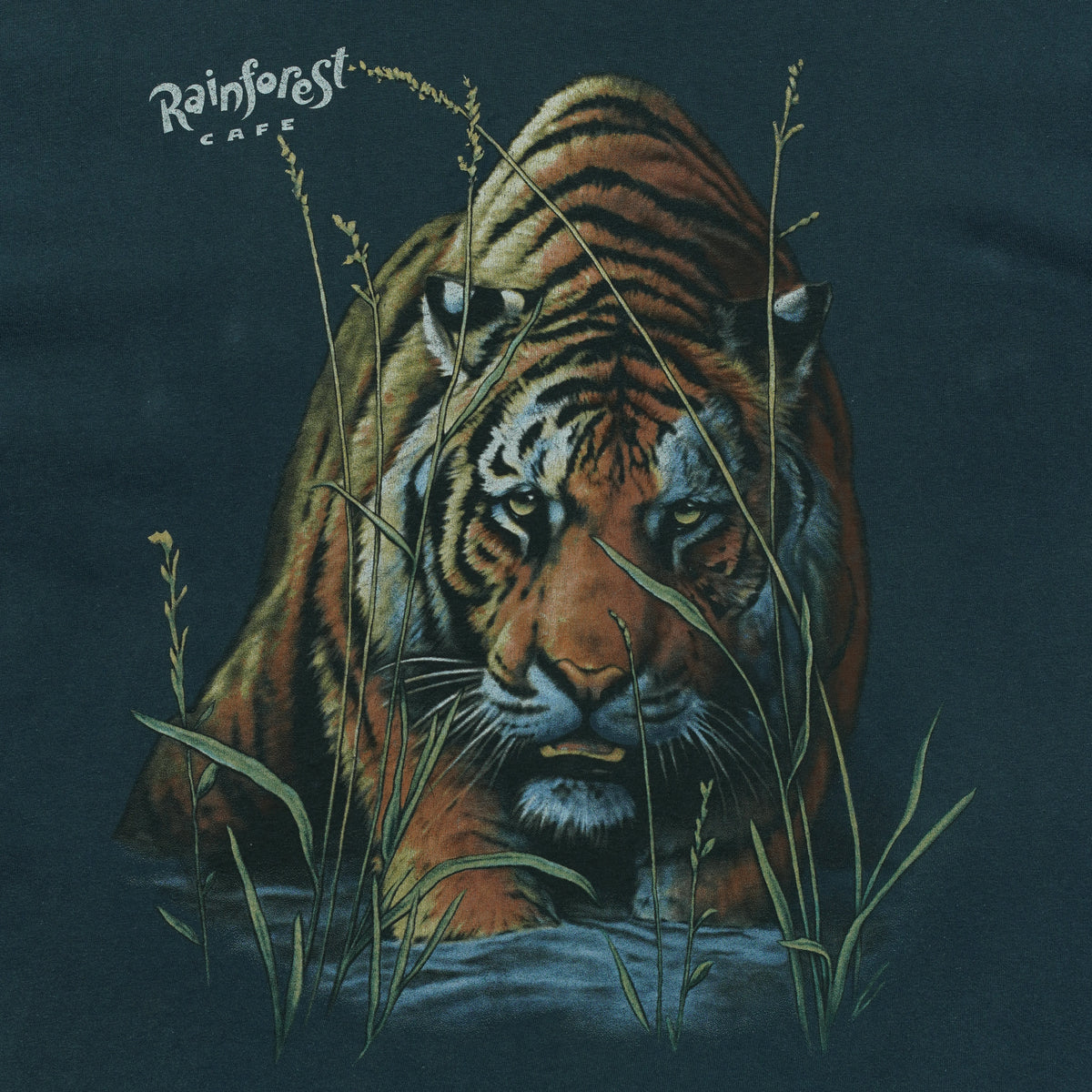 Close view of Rainforest Cafe tiger emerging through tall grass printed on the green 1990s Hanes Beefy-T t-shirt