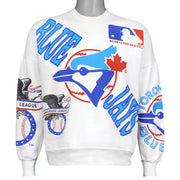 Front view of the white 1990s Toronto Blue Jays sweatshirt showing Toronto Blue Jays and American League all-over graphics