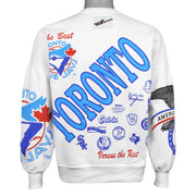 Back view of the white 1990s Blue Jays sweatshirt with oversized Toronto and American League graphics.