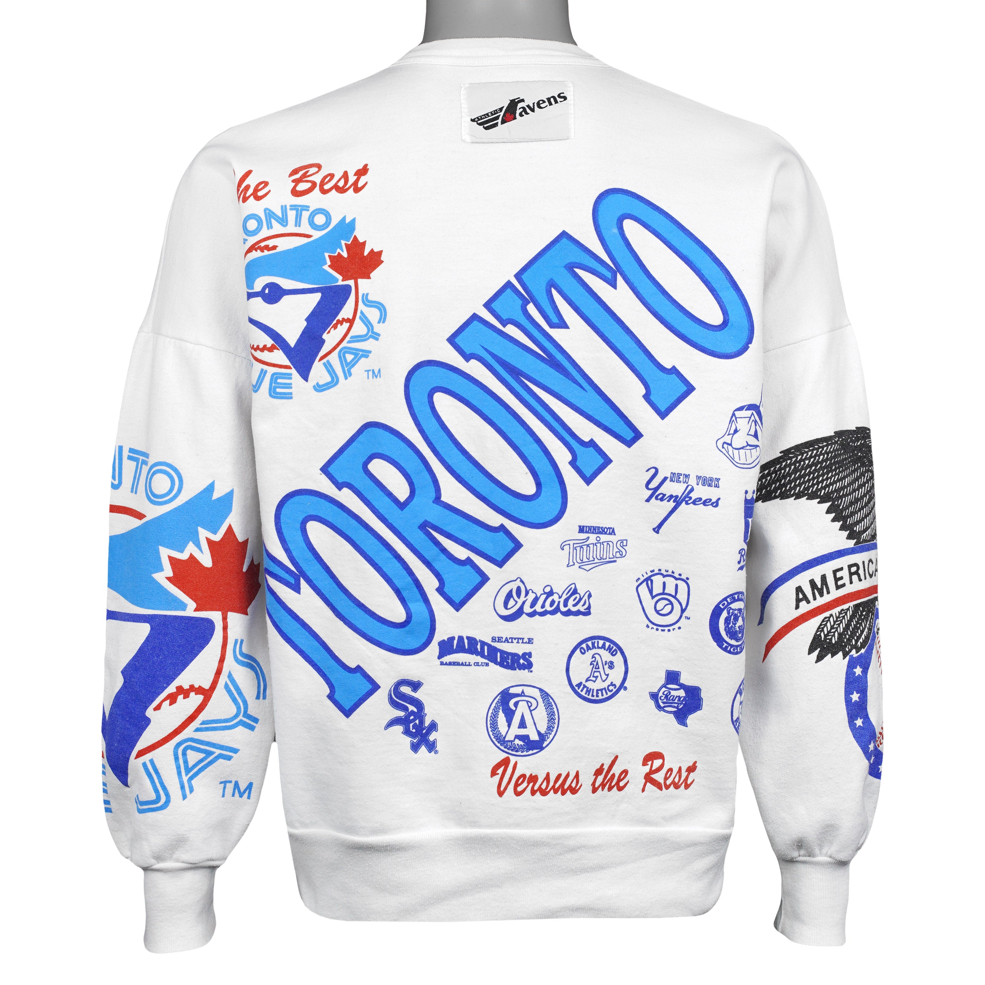 Back view of the white 1990s Blue Jays sweatshirt with oversized Toronto and American League graphics.