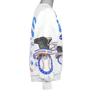 Left-side view of the white Blue Jays sweatshirt showing the all-over team print across the sleeve and body.