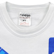 Close-up of the Ravens Athletic neck label showing size M inside the white 1990s sweatshirt.