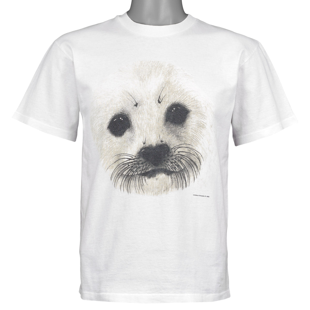 Front view of the white 1998 Anvil t-shirt showing close portrait of a white seal pup
