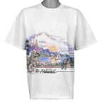 Front view of white speckled T-shirt with Kona Hawaii mountains, ocean, island, and sun scene.