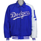 Blue and white Los Angeles Dodgers Starter MLB jacket front with script chest logo from the 1990s