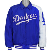 Blue and white Los Angeles Dodgers Starter MLB jacket front with script chest logo from the 1990s