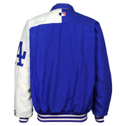 Back of the blue and white Dodgers jacket with MLB collar logo and striped waistband