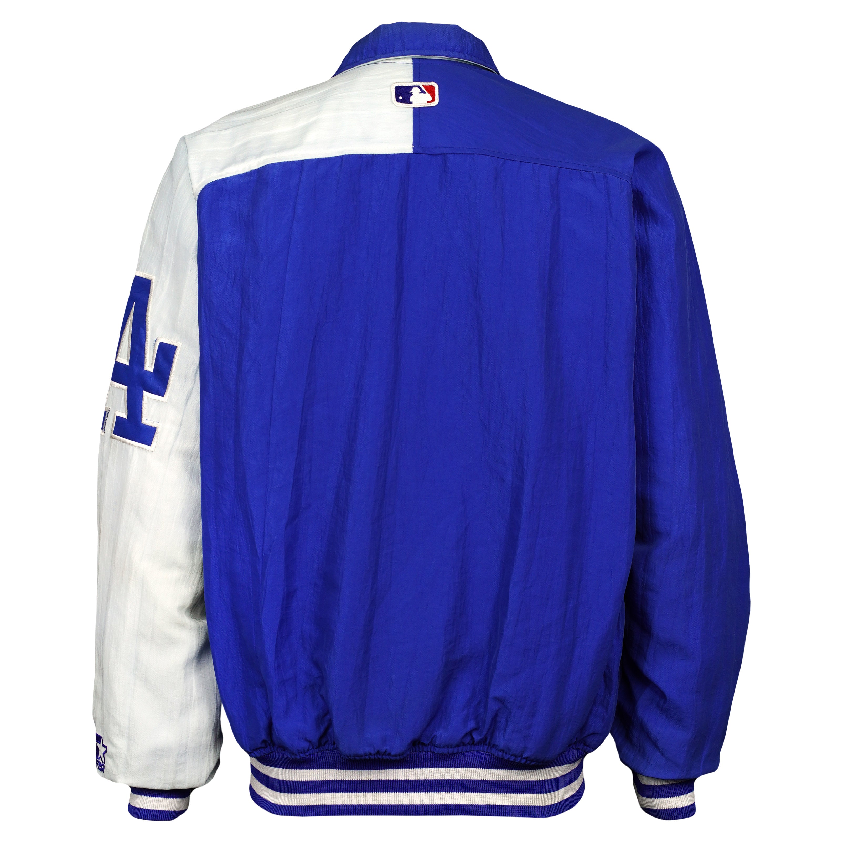 Back of the blue and white Dodgers jacket with MLB collar logo and striped waistband