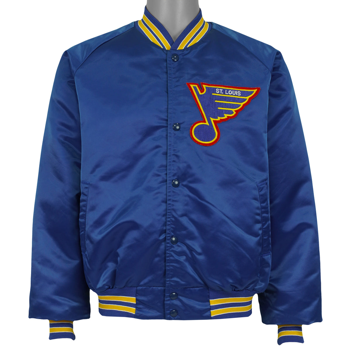 Blue St. Louis Blues satin NHL jacket front showing the complete garment and main artwork by Chalk Line from the 1990s