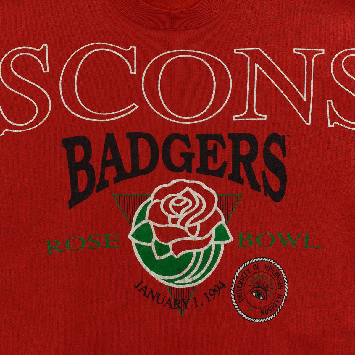 Wisconsin Badgers Rose Bowl sweatshirt cracked graphic close-up