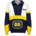 Navy Michigan Wolverines colorblock NCAA jacket front showing the complete garment and main artwork by Logo 7 from the 1990s