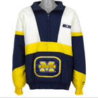 Navy Michigan Wolverines colorblock NCAA jacket front showing the complete garment and main artwork by Logo 7 from the 1990s