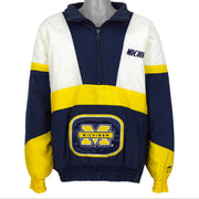 Navy Michigan Wolverines colorblock NCAA jacket front showing the complete garment and main artwork by Logo 7 from the 1990s