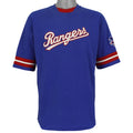 Blue Texas Rangers T-shirt front with script wordmark and striped short sleeves