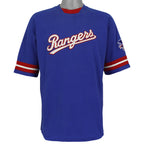 Blue Texas Rangers T-shirt front with script wordmark and striped short sleeves