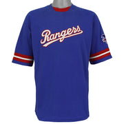 Blue Texas Rangers T-shirt front with script wordmark and striped short sleeves