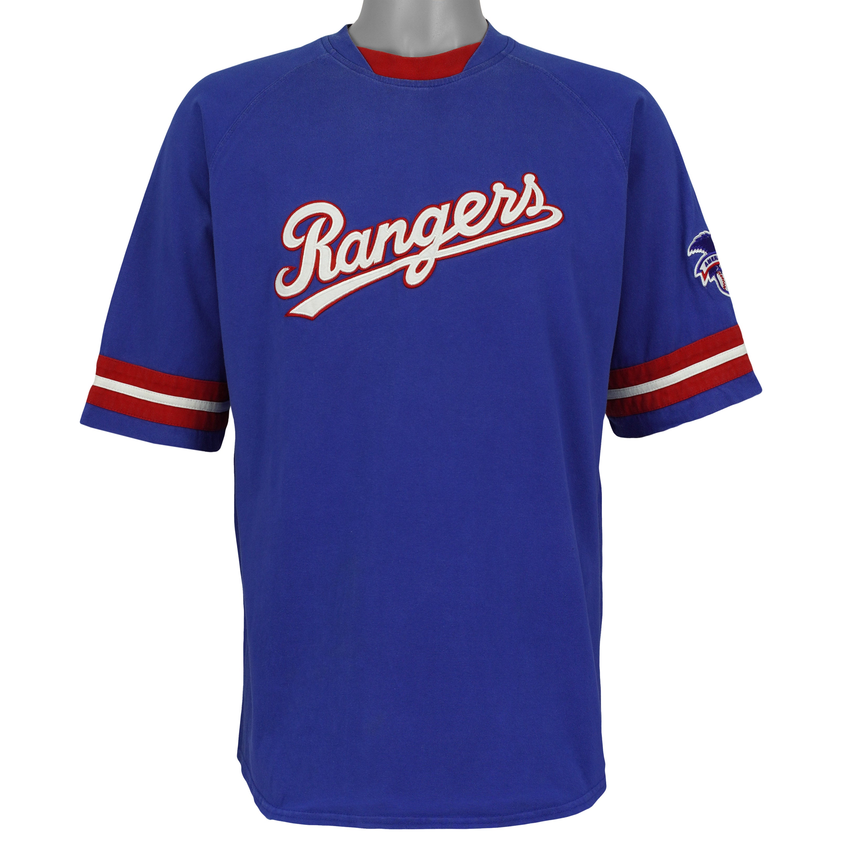 Blue Texas Rangers T-shirt front with script wordmark and striped short sleeves