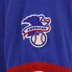 American League embroidered patch on the blue Texas Rangers T-shirt sleeve