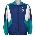 Blue Seattle Mariners Starter colorblock MLB jacket front showing the complete garment and main artwork from the 1990s