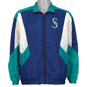 Blue Seattle Mariners Starter colorblock MLB jacket front showing the complete garment and main artwork from the 1990s