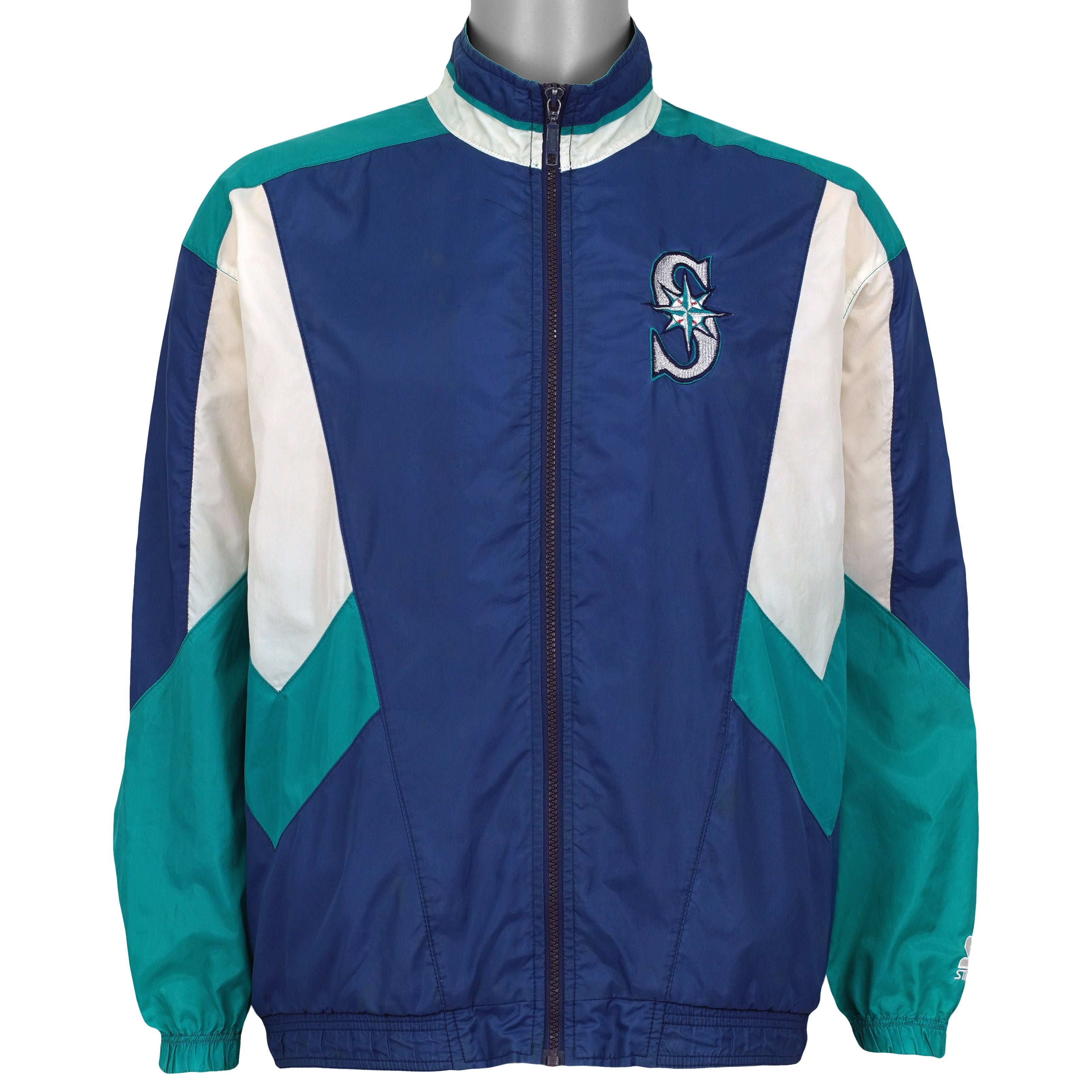 Blue Seattle Mariners Starter jacket front with collar zipped