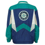 Complete back view of the Seattle Mariners Starter colorblock jacket