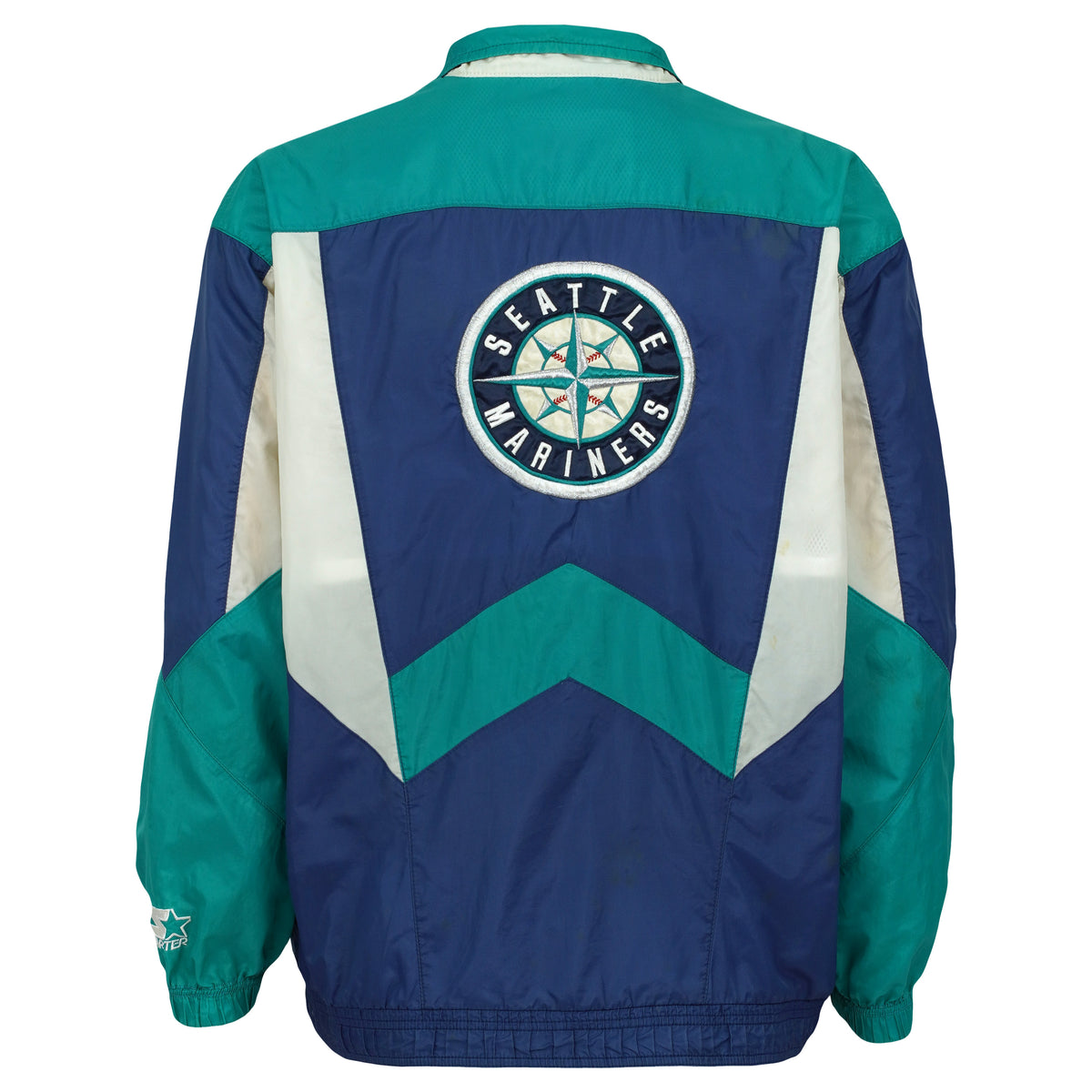 Complete back view of the Seattle Mariners Starter colorblock jacket