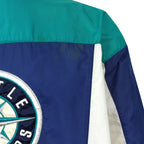 Close view of a minor mark on the teal shoulder panel of the Mariners jacket
