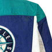 Close view of a minor mark on the teal shoulder panel of the Mariners jacket