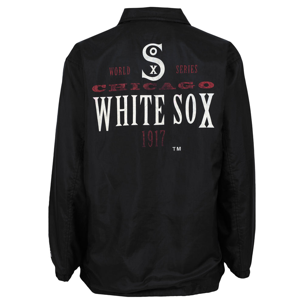 Back of the black 1990s MLB Chicago White Sox Starter World Series coach jacket showing the complete garment