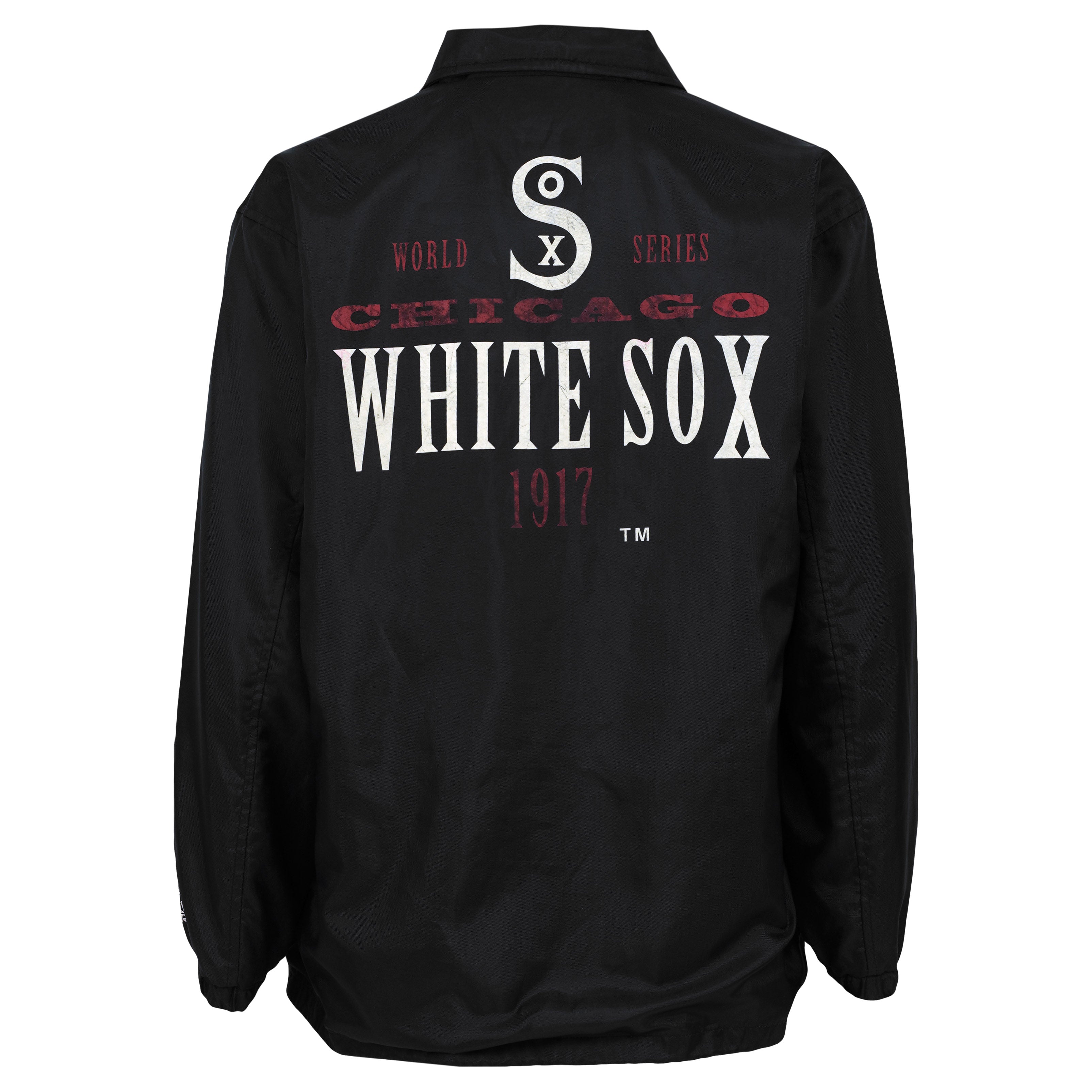Back of the black 1990s MLB Chicago White Sox Starter World Series coach jacket showing the complete garment