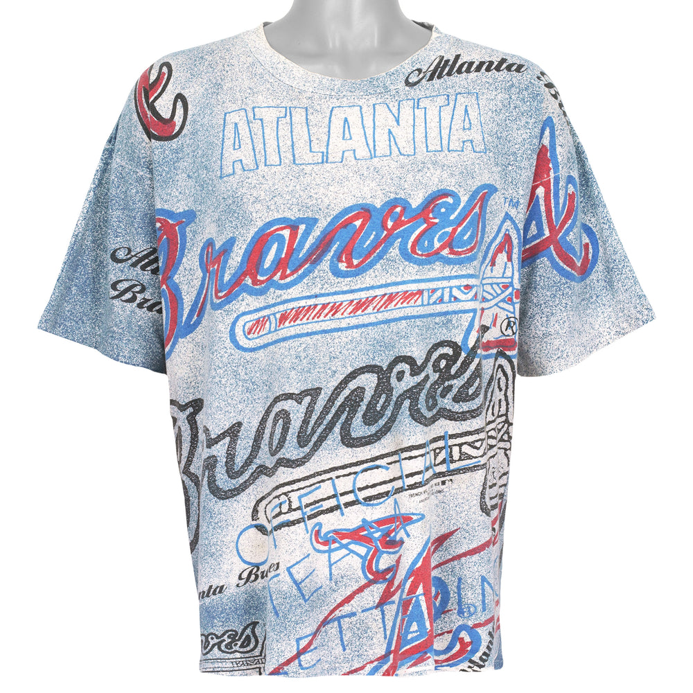 White Atlanta Braves all-over print MLB T-shirt front showing the complete garment and main artwork, dated 1991