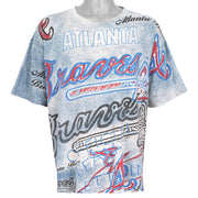 White Atlanta Braves all-over print MLB T-shirt front showing the complete garment and main artwork, dated 1991