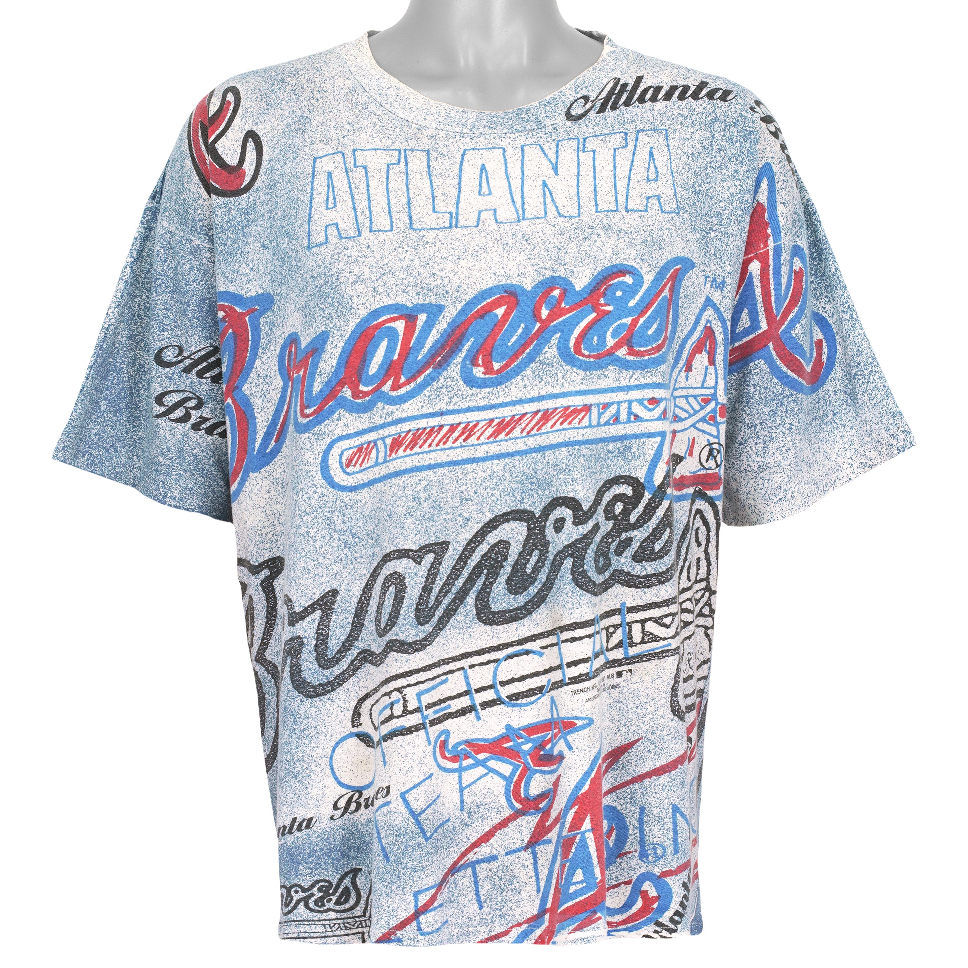 White Atlanta Braves all-over print MLB T-shirt front showing the complete garment and main artwork, dated 1991