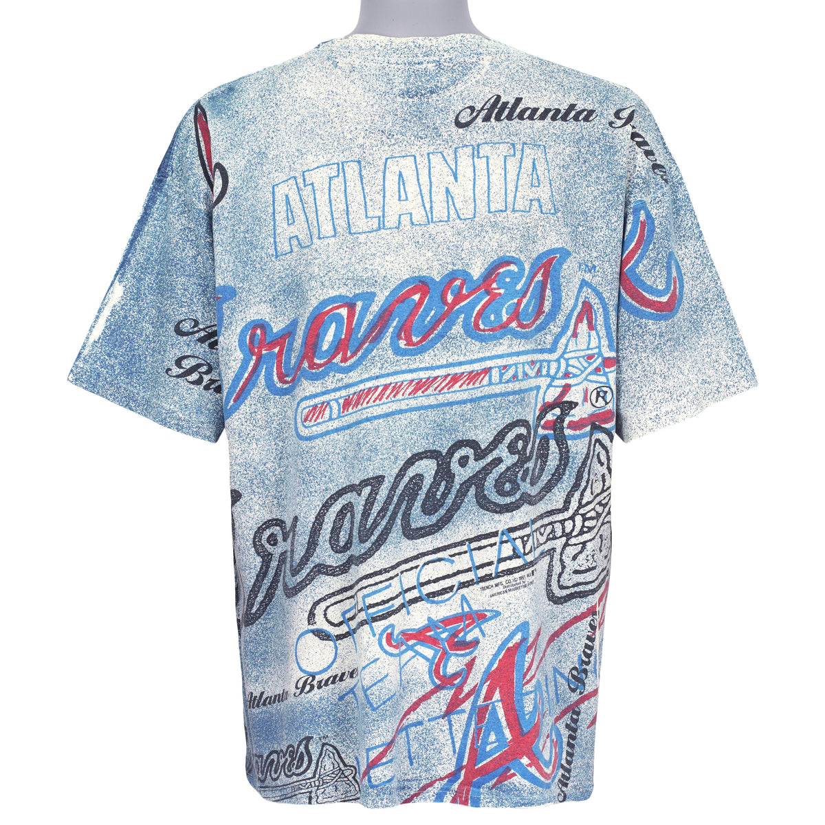 Back of the white Atlanta Braves all-over print T-shirt showing the complete garment