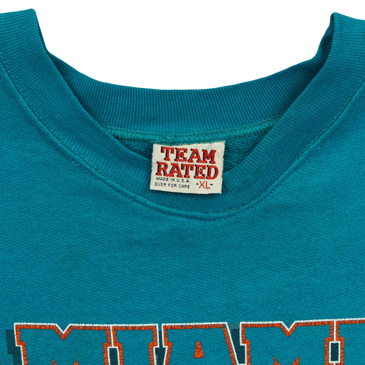 Team Rated XL label inside the Miami Dolphins sweatshirt neckline
