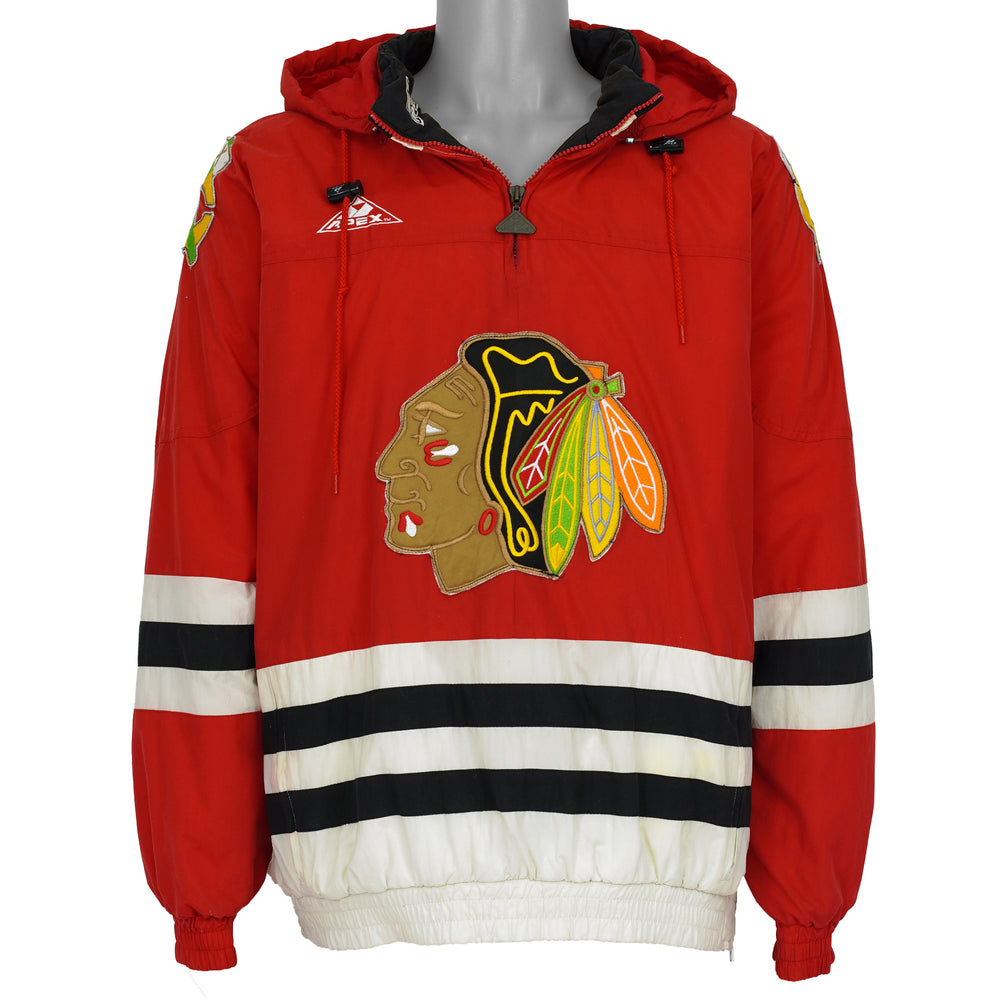 Red Chicago Blackhawks Starter hooded NHL jacket front showing the complete garment and main artwork from the 1990s