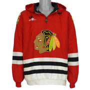 Red Chicago Blackhawks Starter hooded NHL jacket front showing the complete garment and main artwork from the 1990s