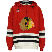 Red Chicago Blackhawks Starter hooded jacket front with zipper closed