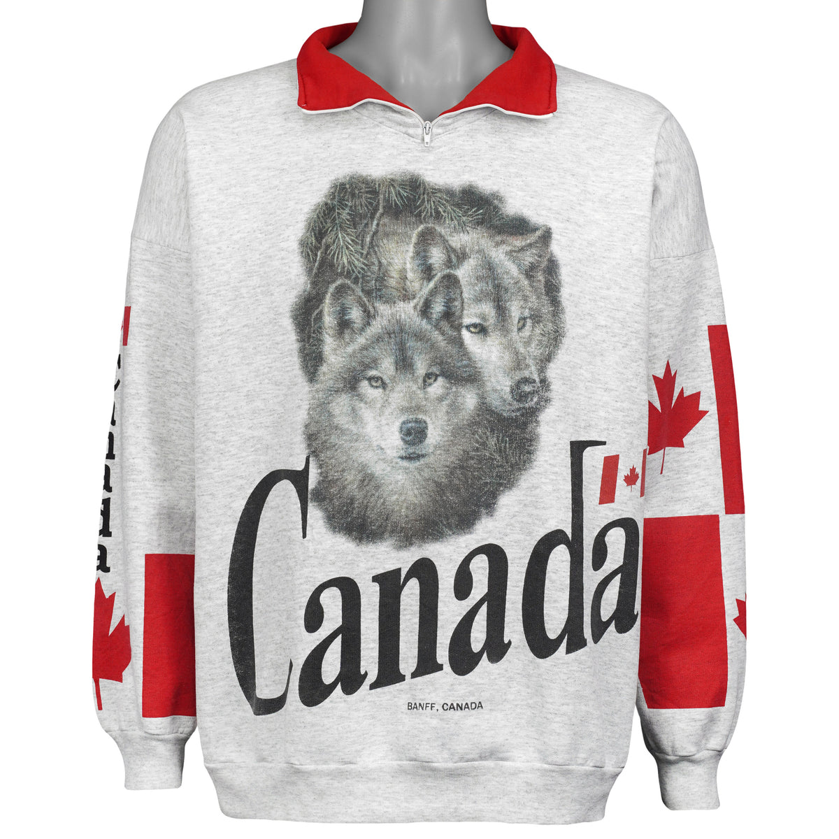 Banff Canada wolves quarter-zip sweatshirt front collar open from the 1990s