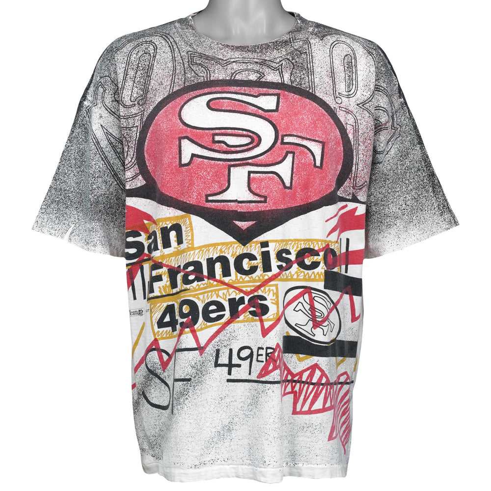 White San Francisco 49ers NFL all-over print T-shirt front by American Favorites from the 1990s