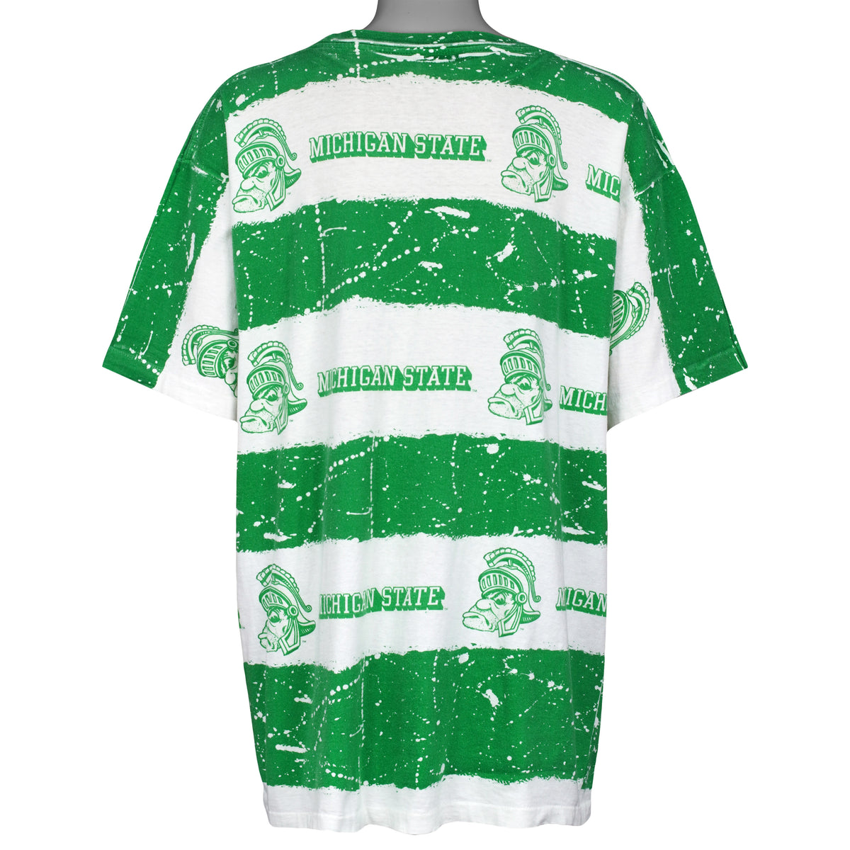 Back of the green Michigan State Spartans all-over print T-shirt showing the complete garment