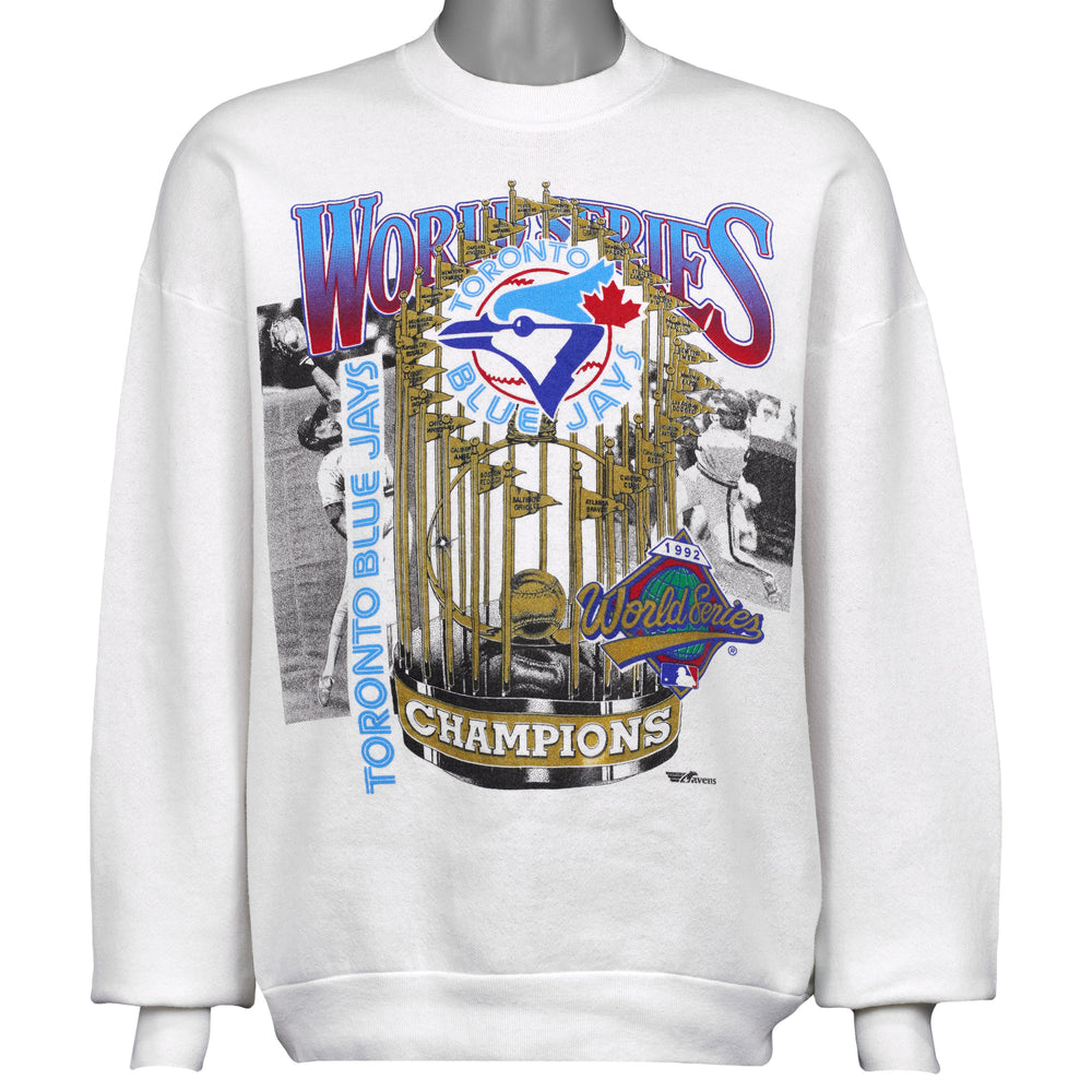 White Toronto Blue Jays MLB World Series champions sweatshirt front by Fruit Of The Loom, dated 1992