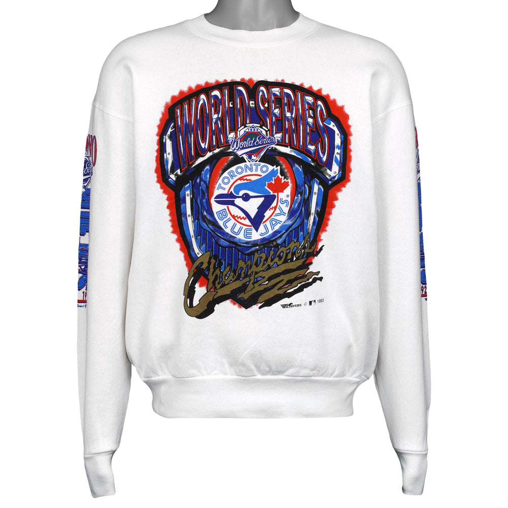 White Toronto Blue Jays MLB sweatshirt front with World Series champions artwork, dated 1993