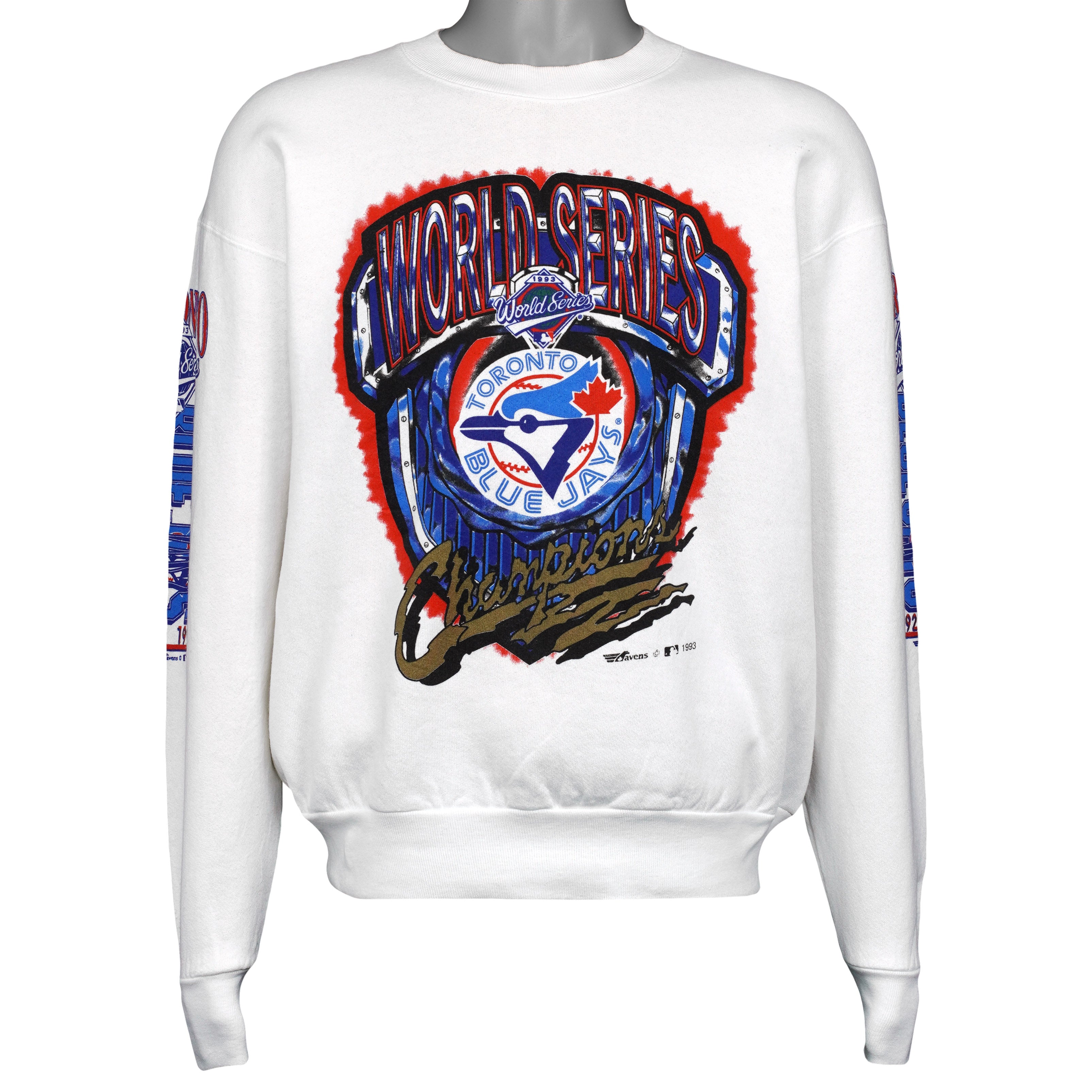 White Toronto Blue Jays MLB sweatshirt front with World Series champions artwork, dated 1993