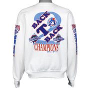 White sweatshirt back with Blue Jays back-to-back champions graphic