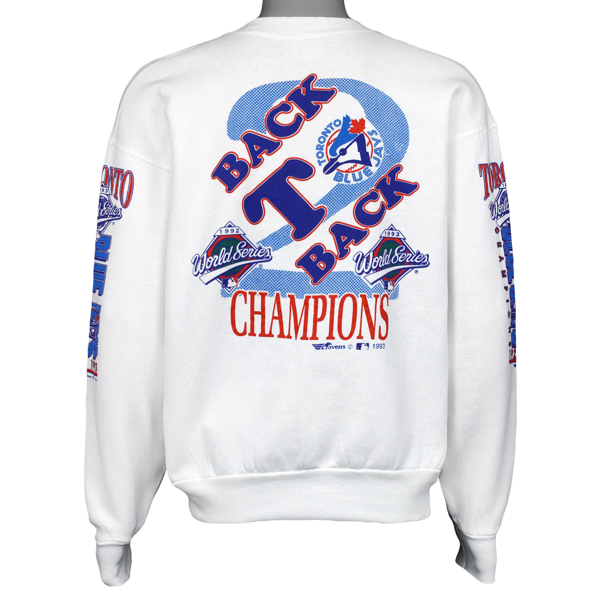 White sweatshirt back with Blue Jays back-to-back champions graphic
