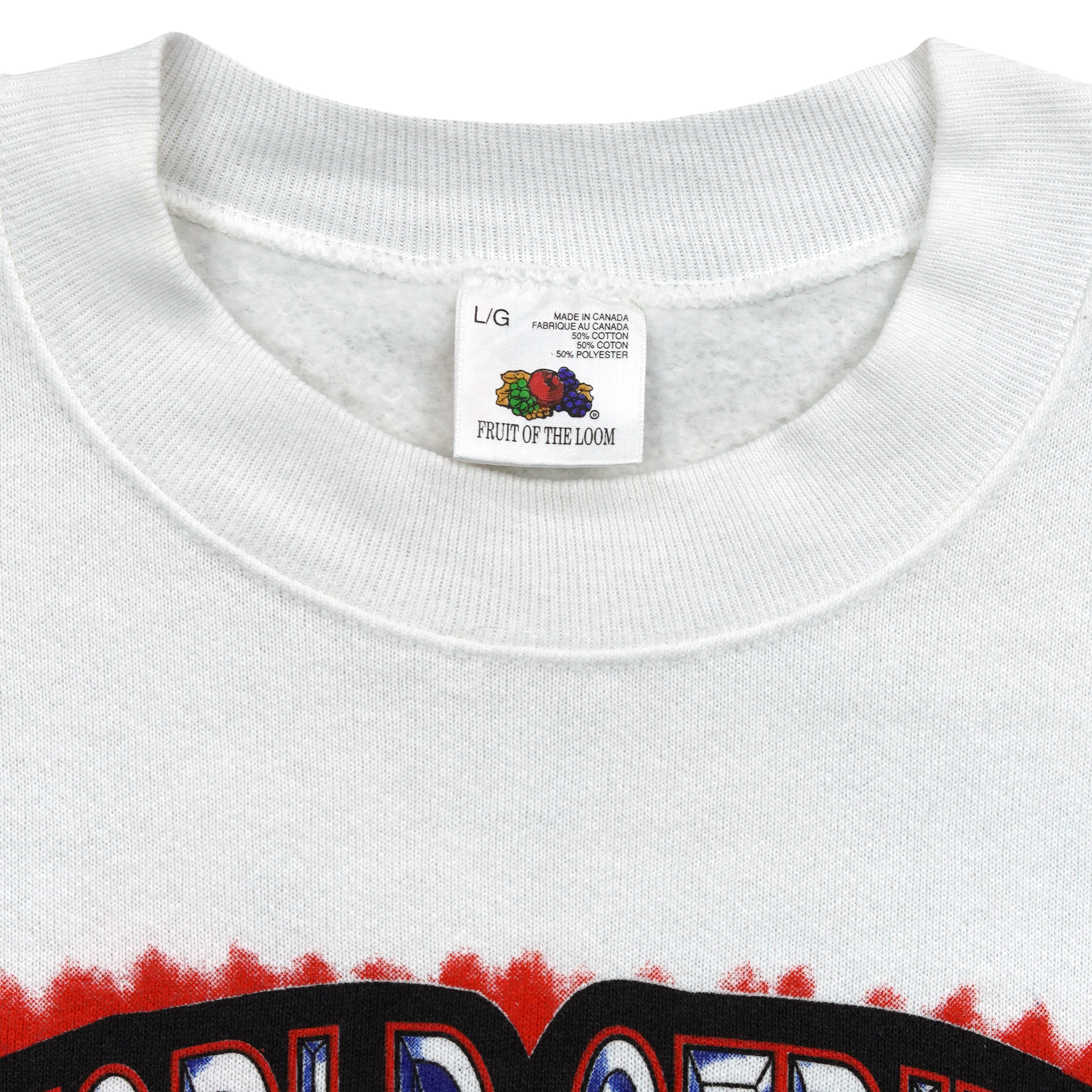 Fruit of the Loom large tag inside the white Blue Jays sweatshirt