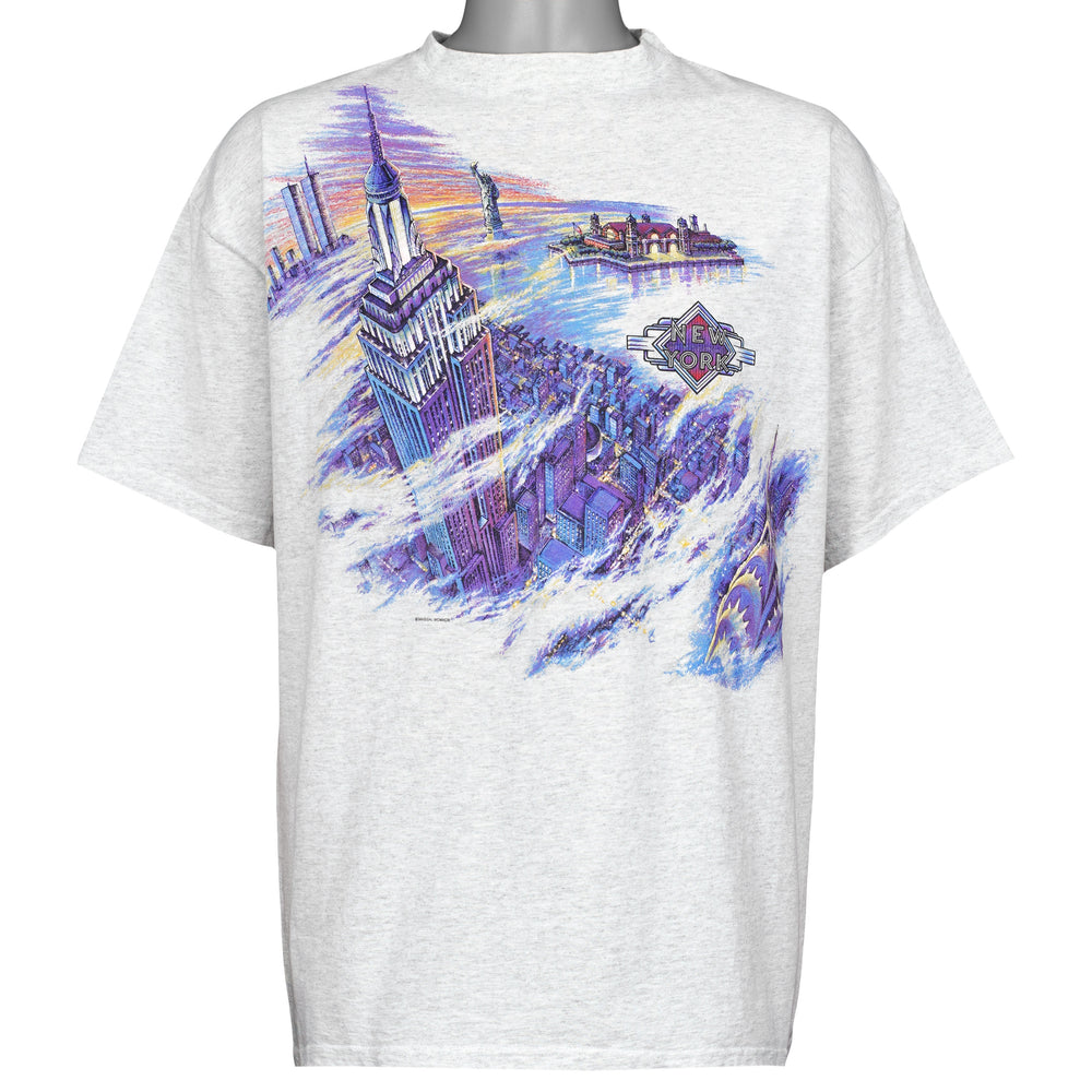 Gray San Segal New York T-shirt front with a purple city skyline scene, dated 1989